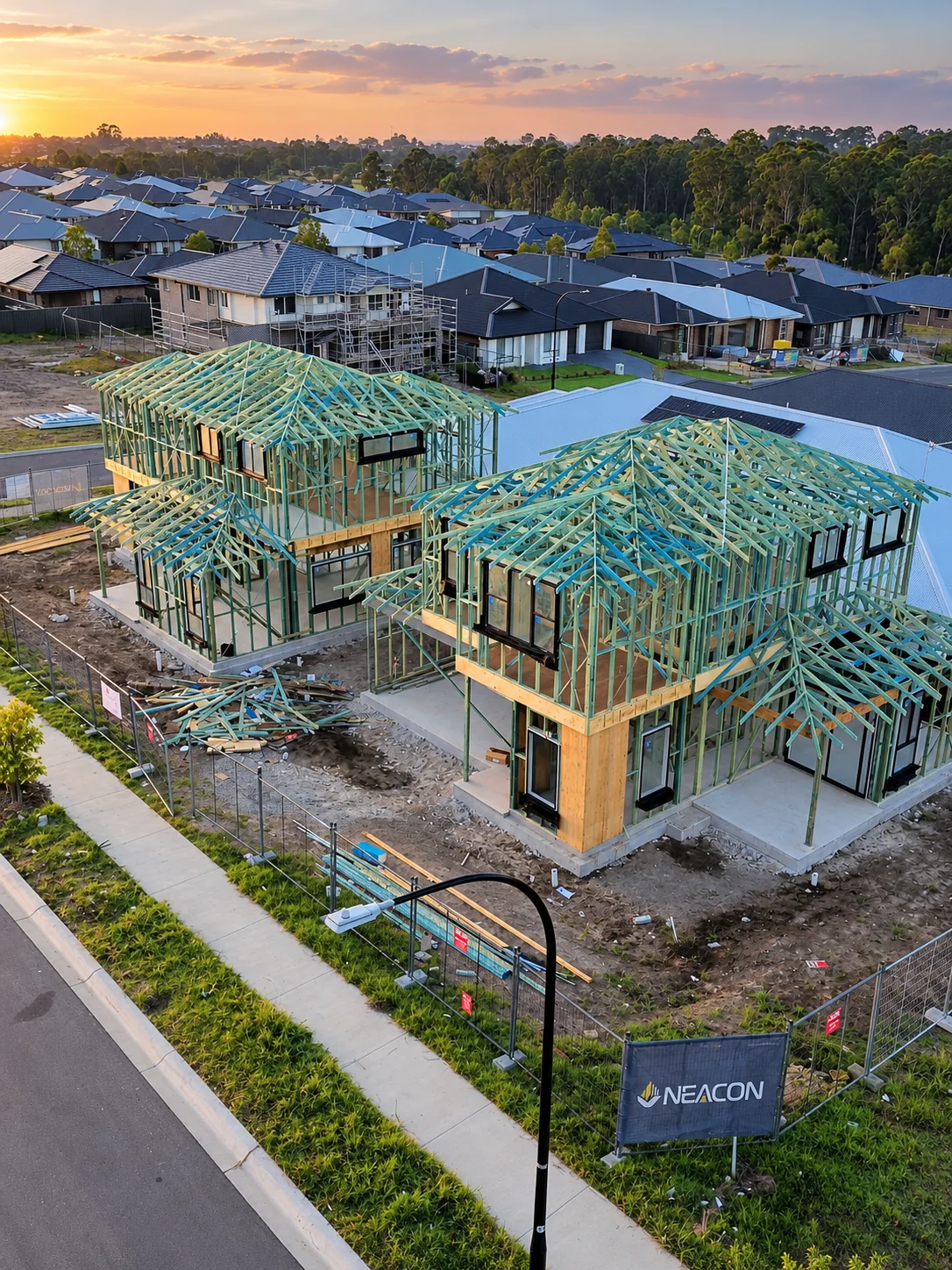 Aerial view of timber-framed homes under construction in a residential neighbourhood at sunset.
