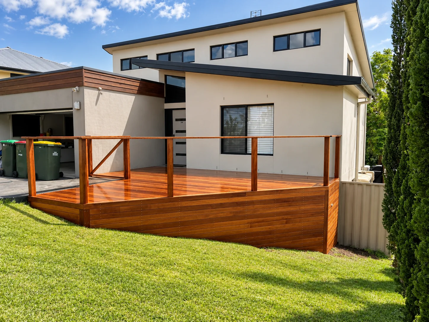 A timber deck and balustrade outside a cream-coloured two-storey home.